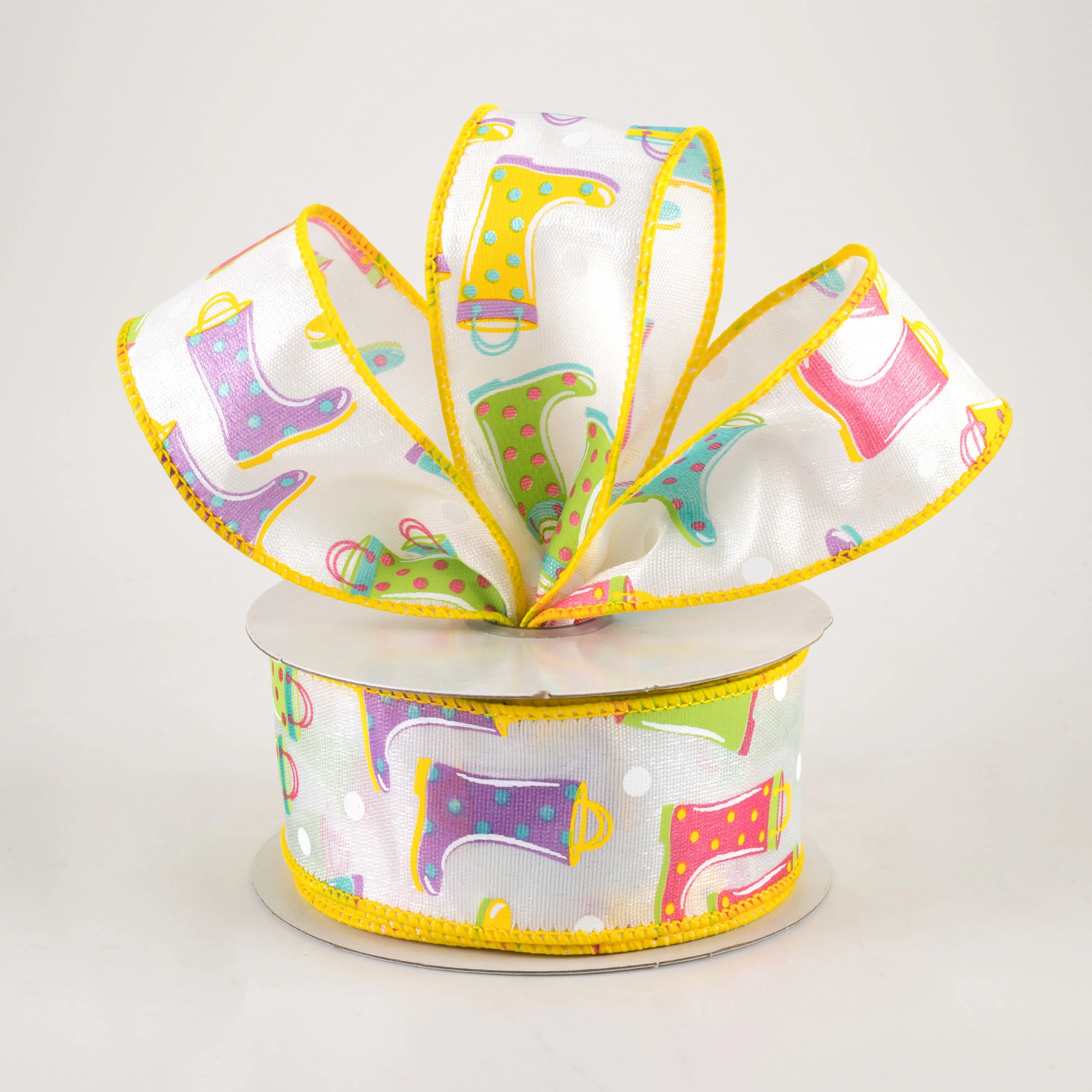 1.5" Rain Boots Polka Dot Ribbon: White Diamond Satin (10 Yards)