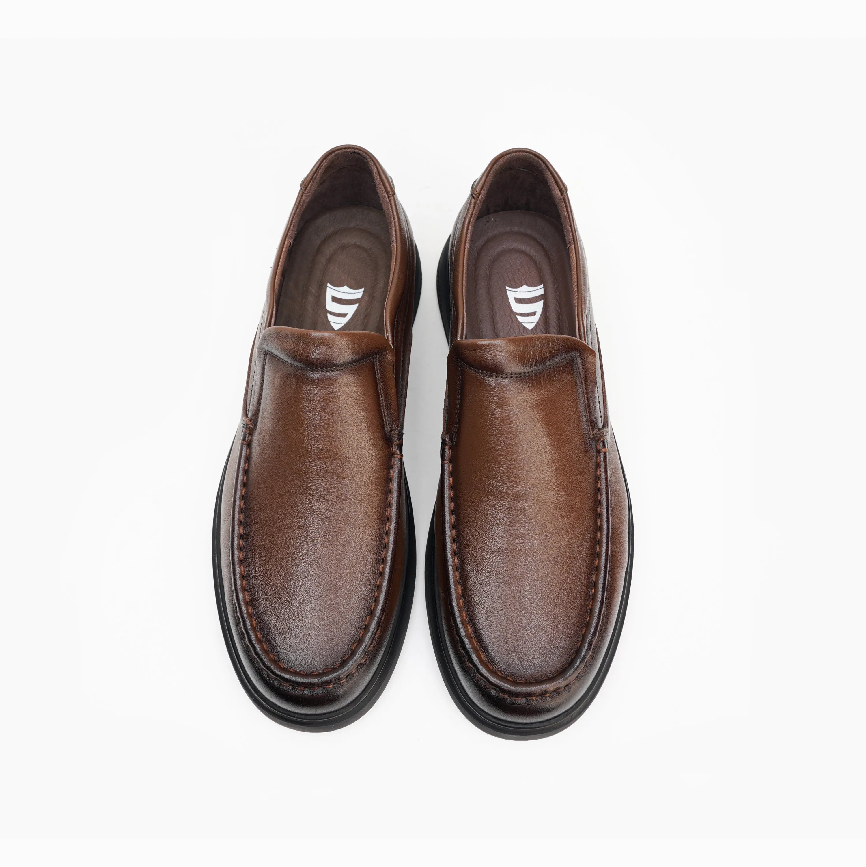 24080-Brown Formal Genuine Cow Leather Oxford for Men Slip On Round Burnished Toe PU Leather Non Slip Low Top Slip Resistant Walking