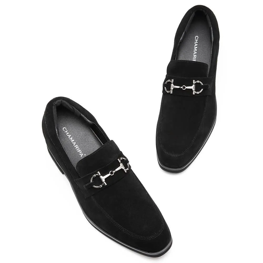 7 CM / 2.76 Inches CMR CHAMARIPA Hidden Heel Loafer Elevator Shoes For Men Black Suede Tall Men Shoes