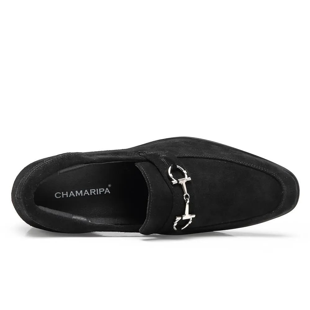 7 CM / 2.76 Inches CMR CHAMARIPA Hidden Heel Loafer Elevator Shoes For Men Black Suede Tall Men Shoes