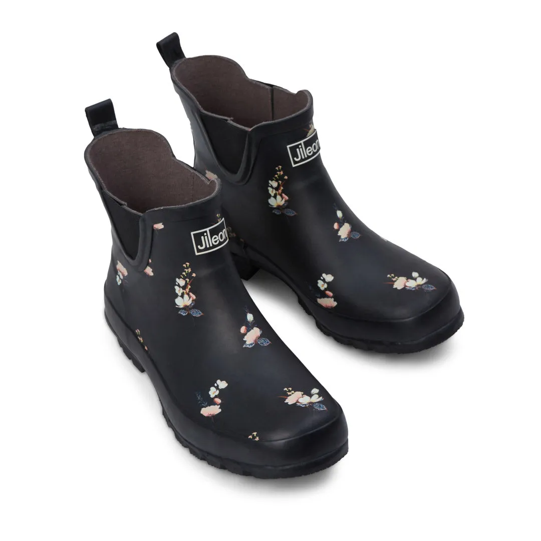 Ankle Wellies - Black Floral - Wide Foot - Easy to Slip On