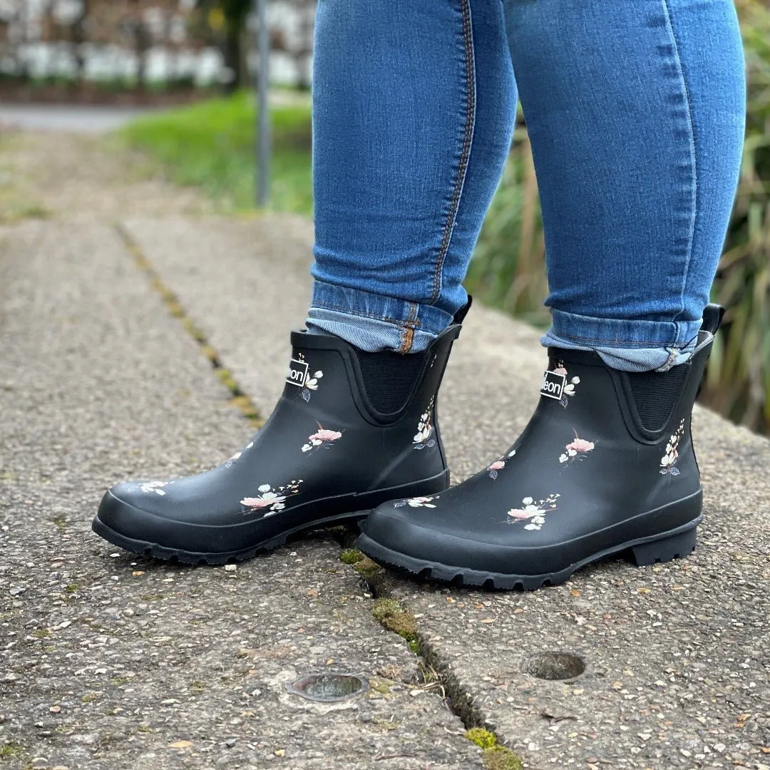 Ankle Wellies - Black Floral - Wide Foot - Easy to Slip On