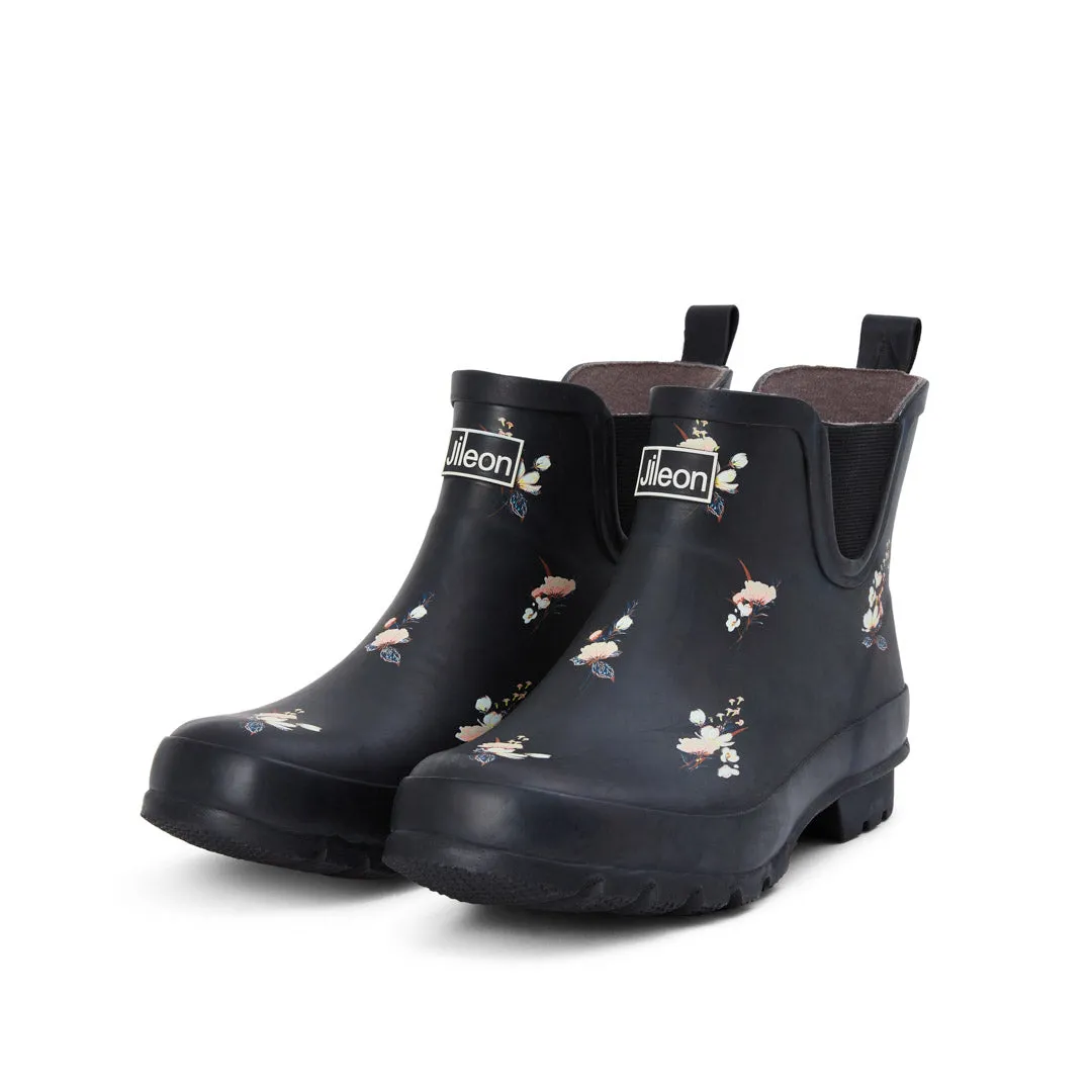 Ankle Wellies - Black Floral - Wide Foot - Easy to Slip On