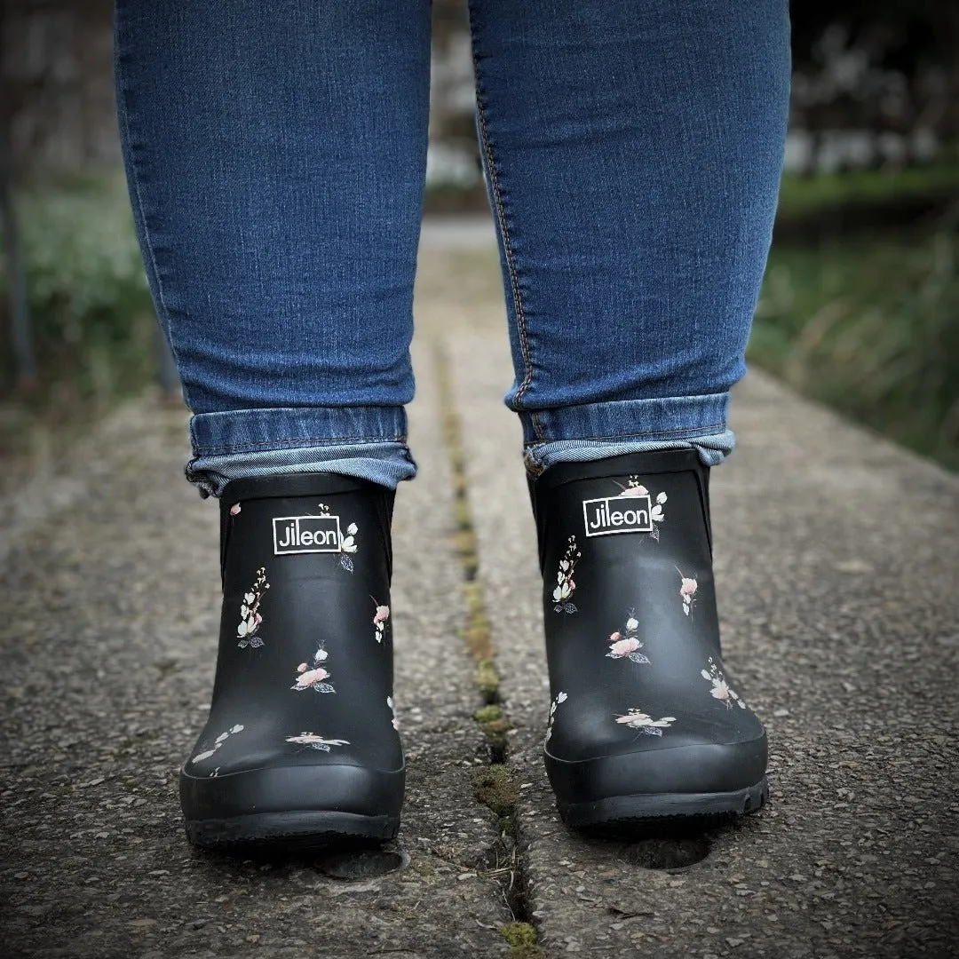Ankle Wellies - Black Floral - Wide Foot - Easy to Slip On