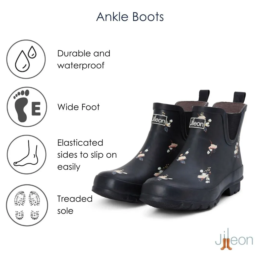 Ankle Wellies - Black Floral - Wide Foot - Easy to Slip On