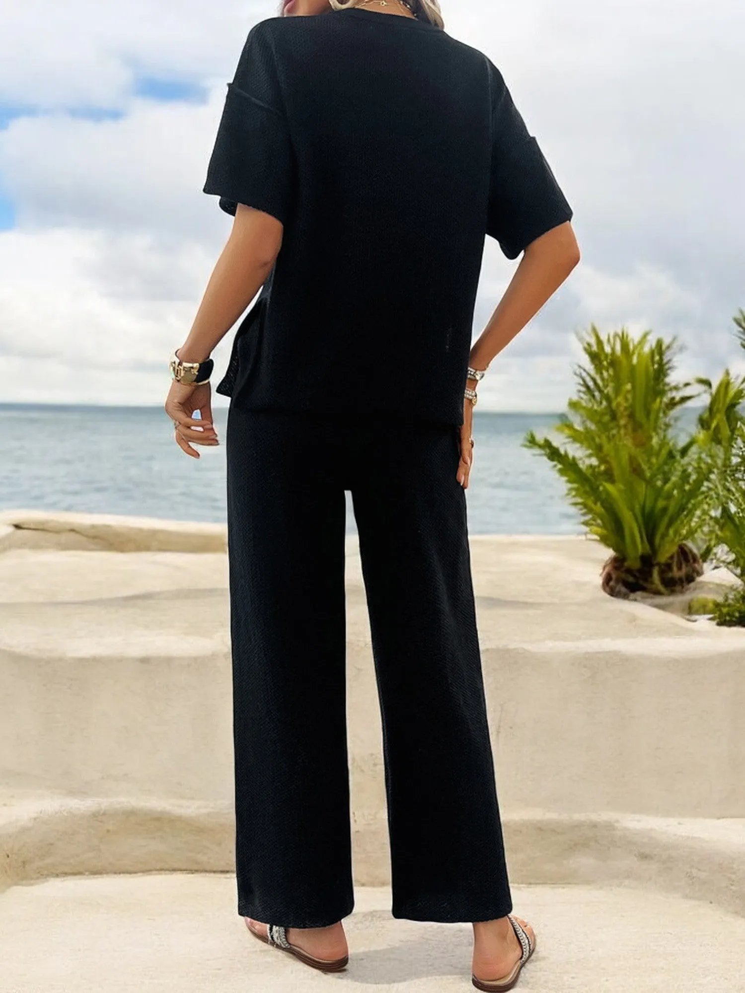 Anna-Kaci Women's Waffle Knit Two-Piece Set with Button-Down Top and Wide-Leg Pants