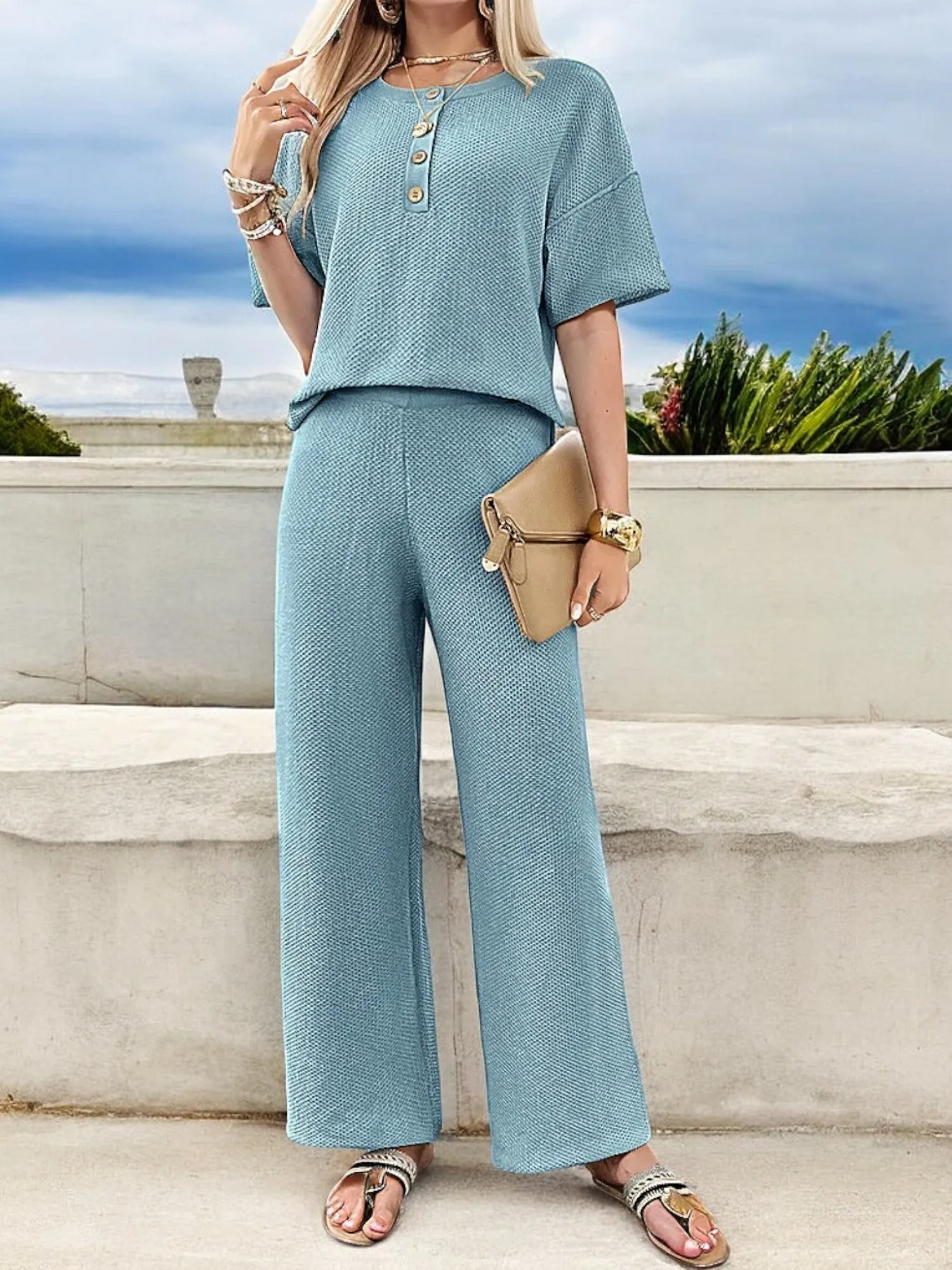 Anna-Kaci Women's Waffle Knit Two-Piece Set with Button-Down Top and Wide-Leg Pants