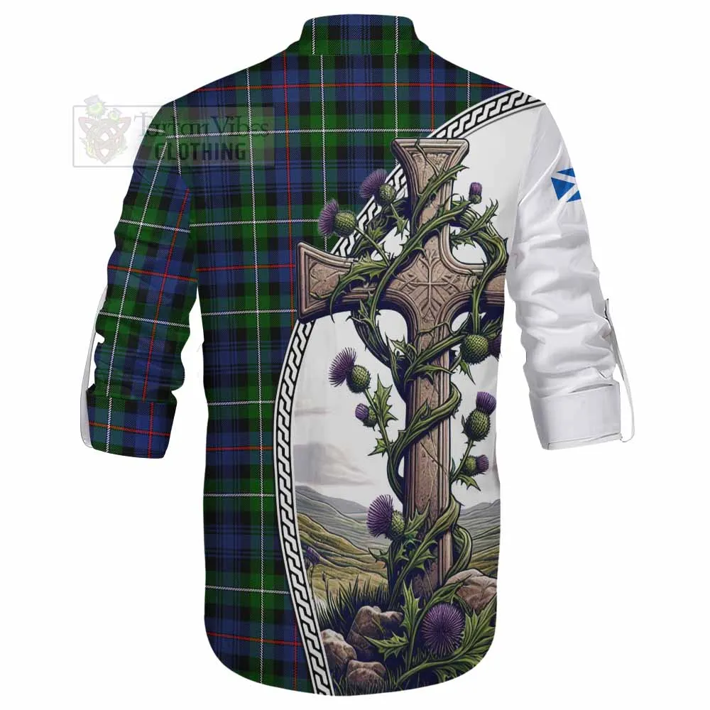 Baillie (Bailey) Tartan Ghillie Kilt Shirt with Family Crest and St. Andrew's Cross Accented by Thistle Vines