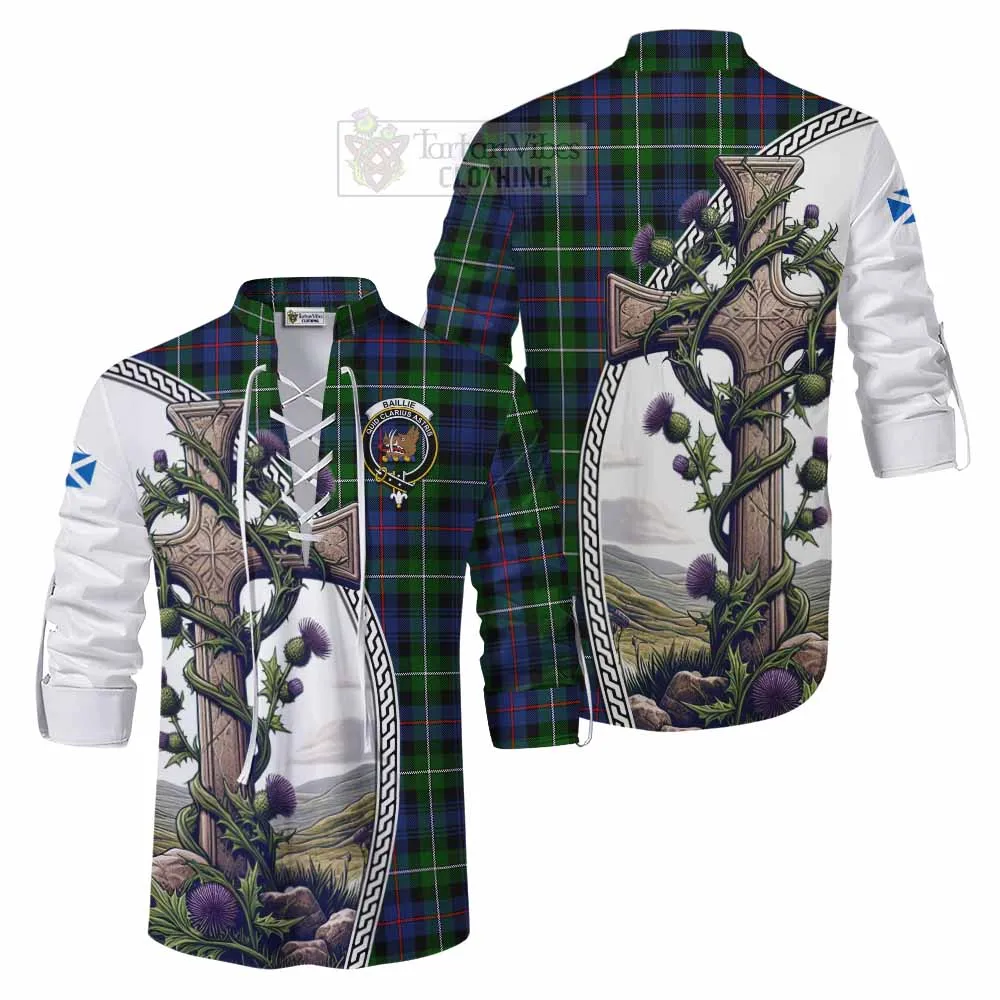Baillie (Bailey) Tartan Ghillie Kilt Shirt with Family Crest and St. Andrew's Cross Accented by Thistle Vines
