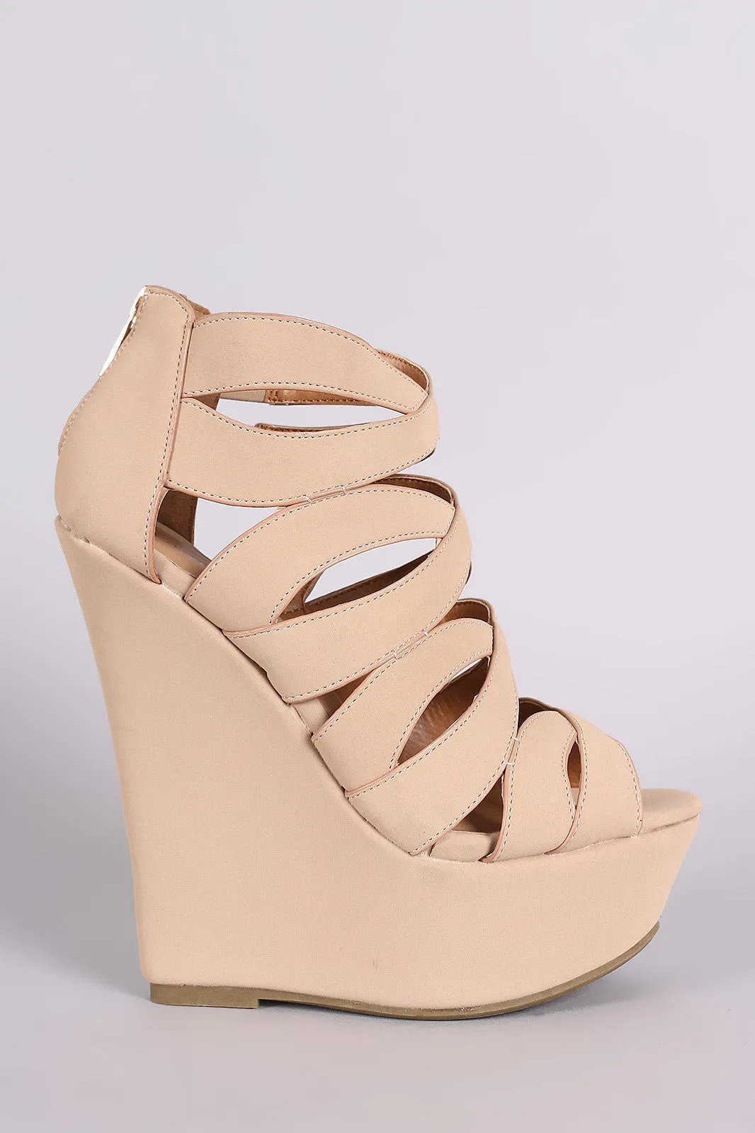 Bamboo Caged Peep Toe Platform Wedge