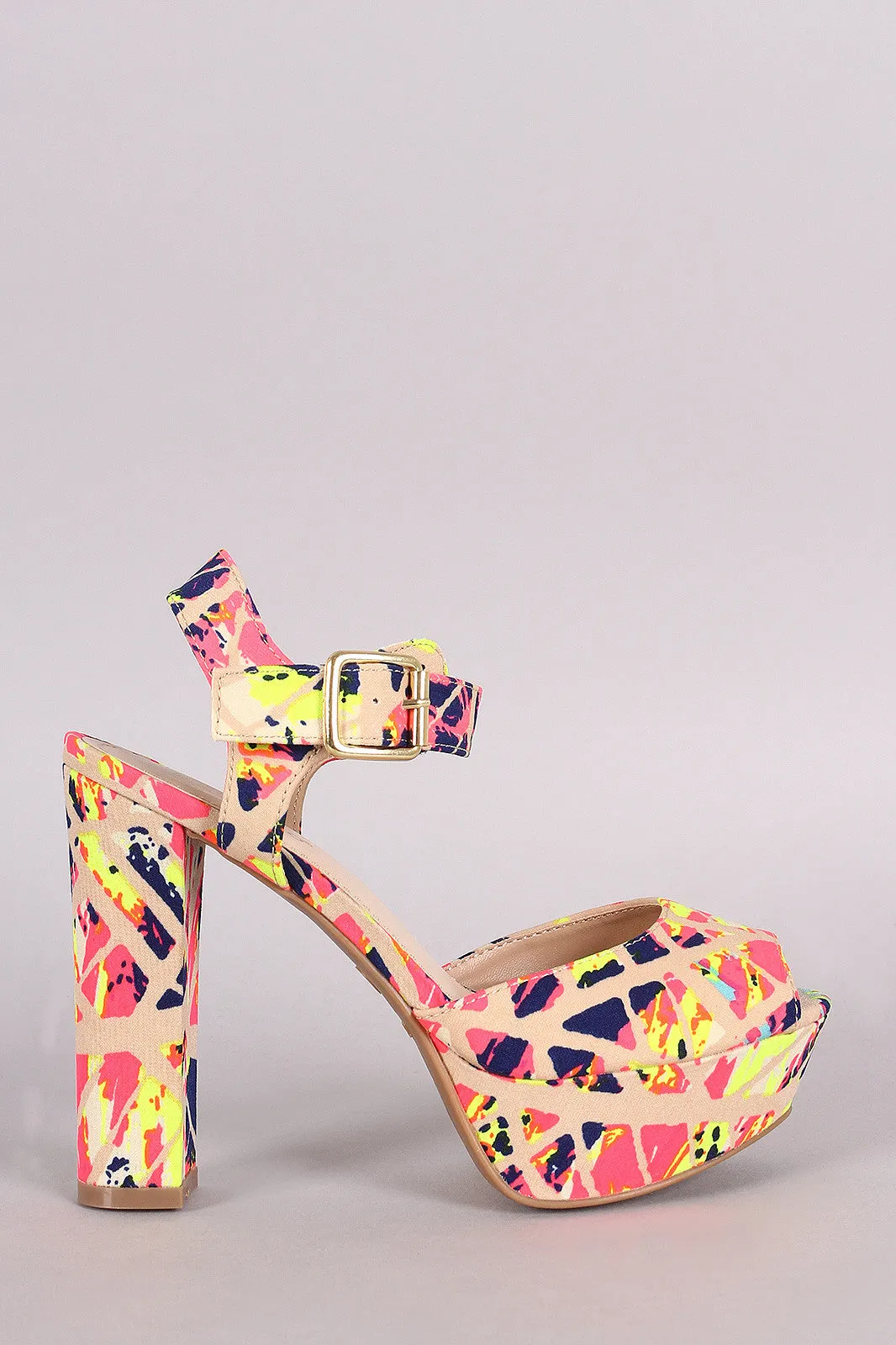 Bamboo Neon Strokes Peep Toe Platform Chunky Heel