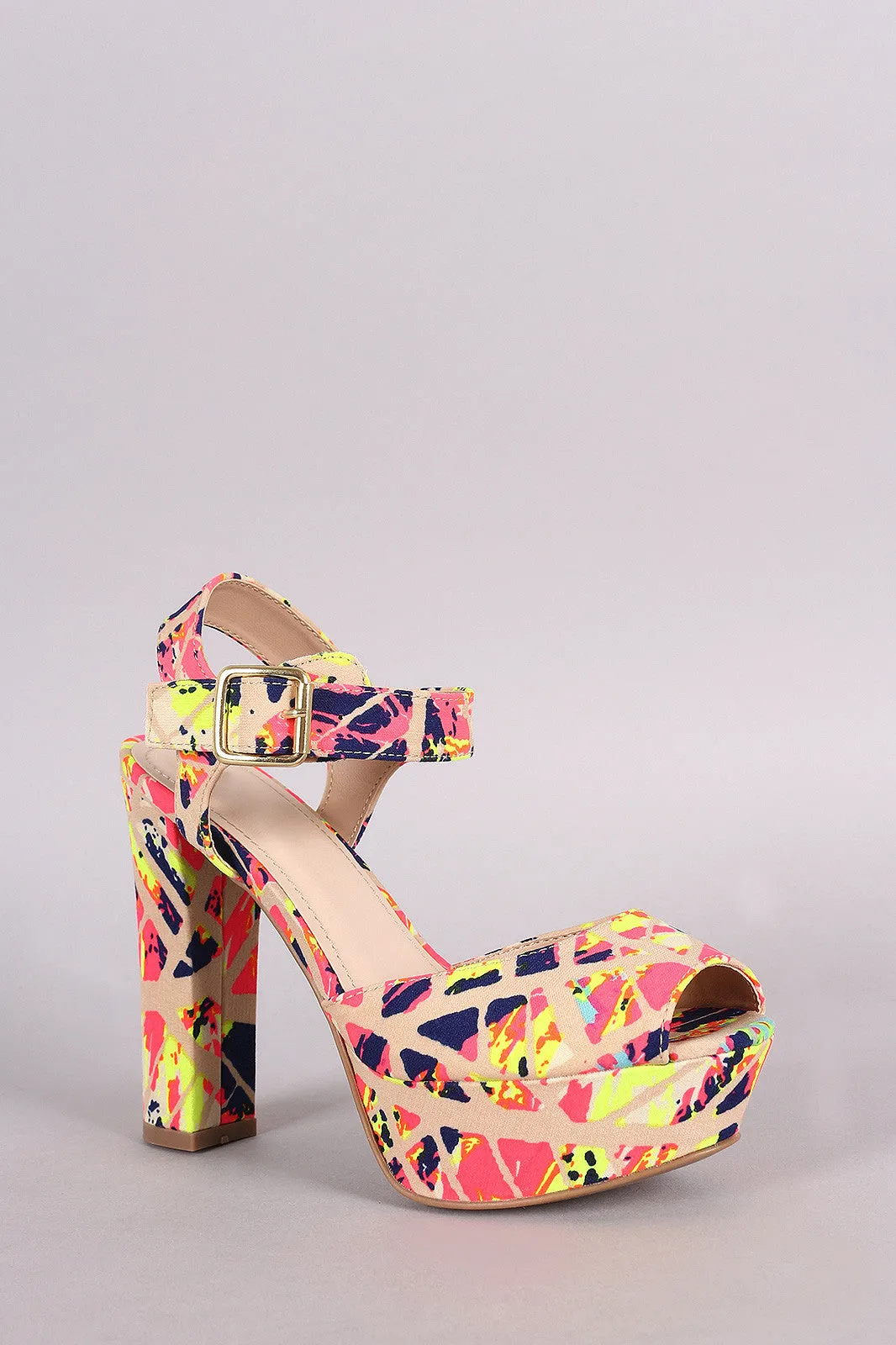 Bamboo Neon Strokes Peep Toe Platform Chunky Heel