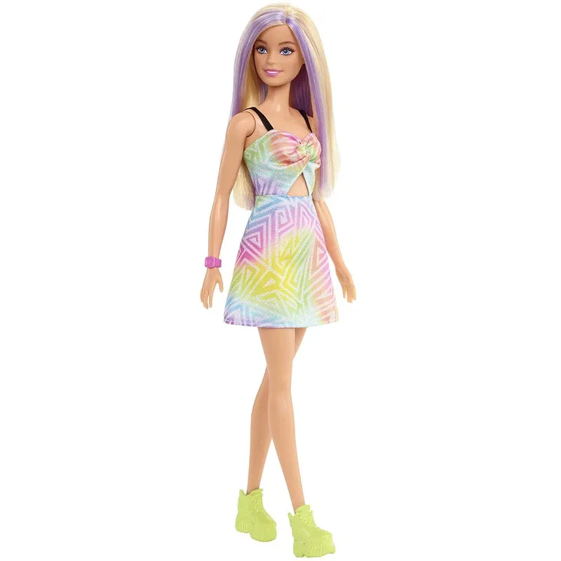 Barbie Fashionistas Doll, Blonde Hair with Purple Streaks, Romper Dress, Yellow Wedge Sneakers, Bracelet (IC)
