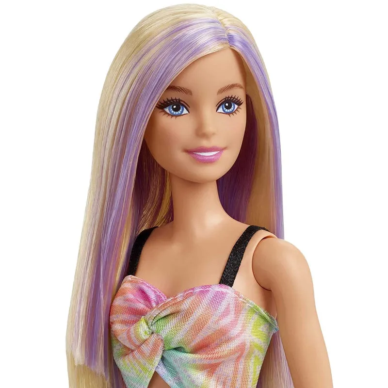 Barbie Fashionistas Doll, Blonde Hair with Purple Streaks, Romper Dress, Yellow Wedge Sneakers, Bracelet (IC)