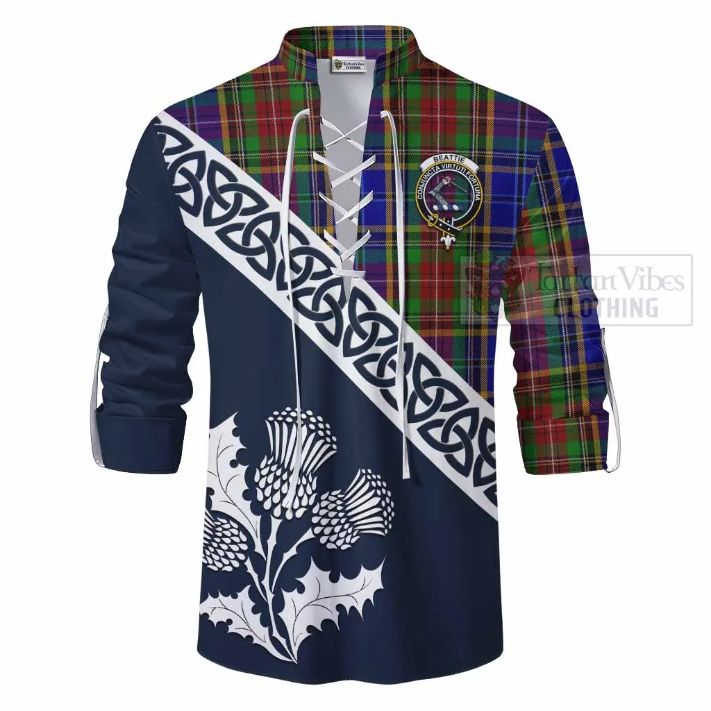 Beattie (Beatty) Tartan Ghillie Kilt Shirt Featuring Thistle and Scotland Map
