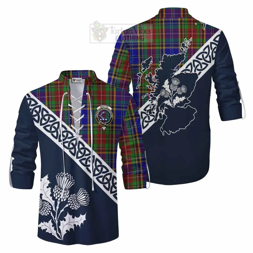 Beattie (Beatty) Tartan Ghillie Kilt Shirt Featuring Thistle and Scotland Map