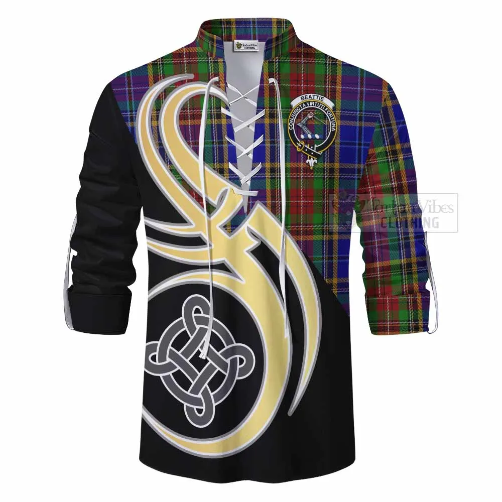 Beattie (Beatty) Tartan Ghillie Kilt Shirt with Family Crest and Celtic Symbol Style