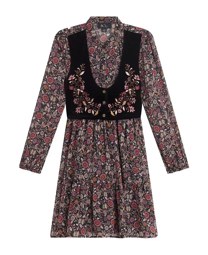 Beautees Long Sleeves Print Chiffon Dress with Embroidered Velvet Faux Vest - Black