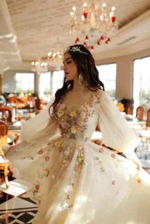 Beautiful Tulle Light Champagne Prom Dress With Flowers Puff Sleeves,Fairy Dress Y1403