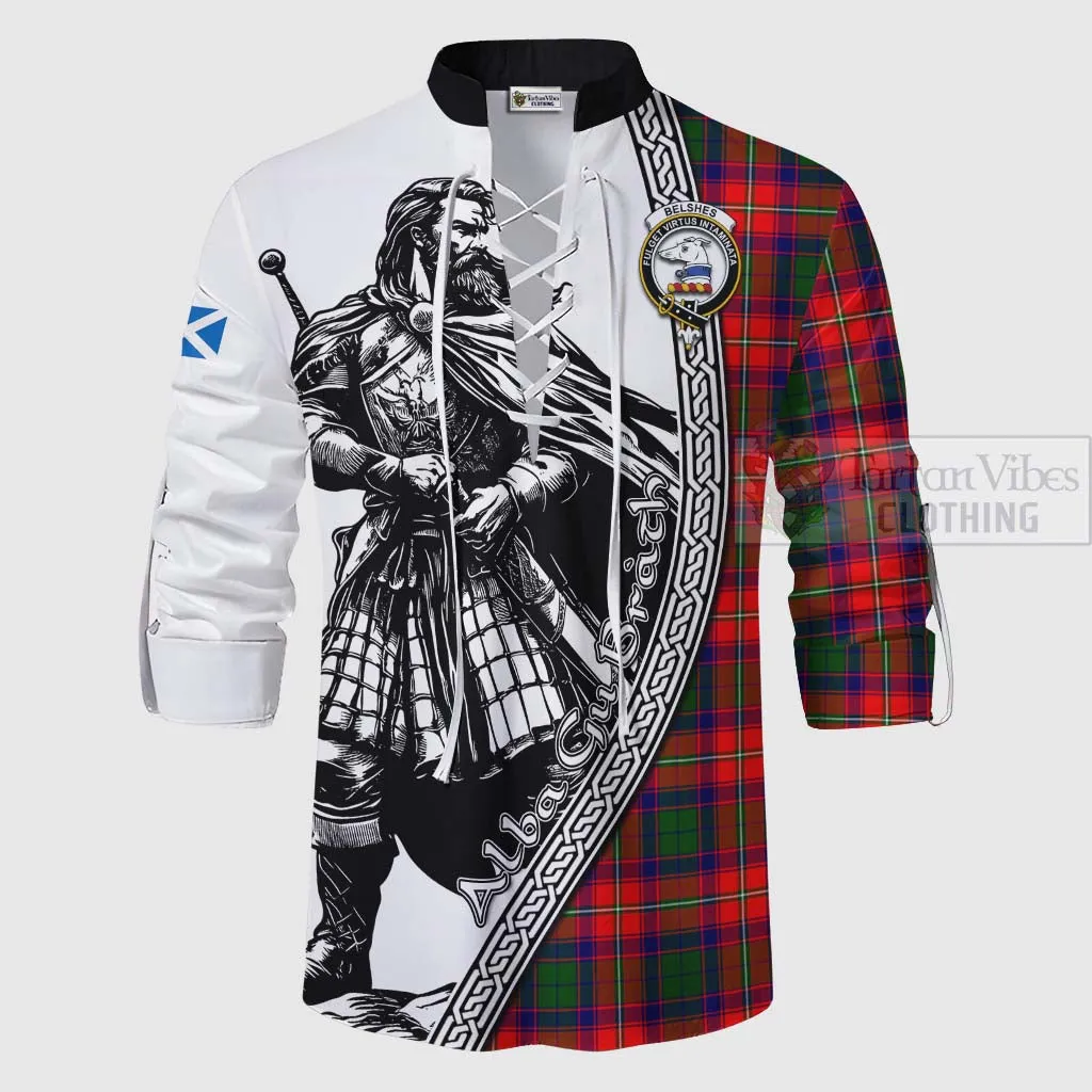 Belshes (Belsches) Tartan Clan Crest Ghillie Kilt Shirt with Highlander Warrior Celtic Style