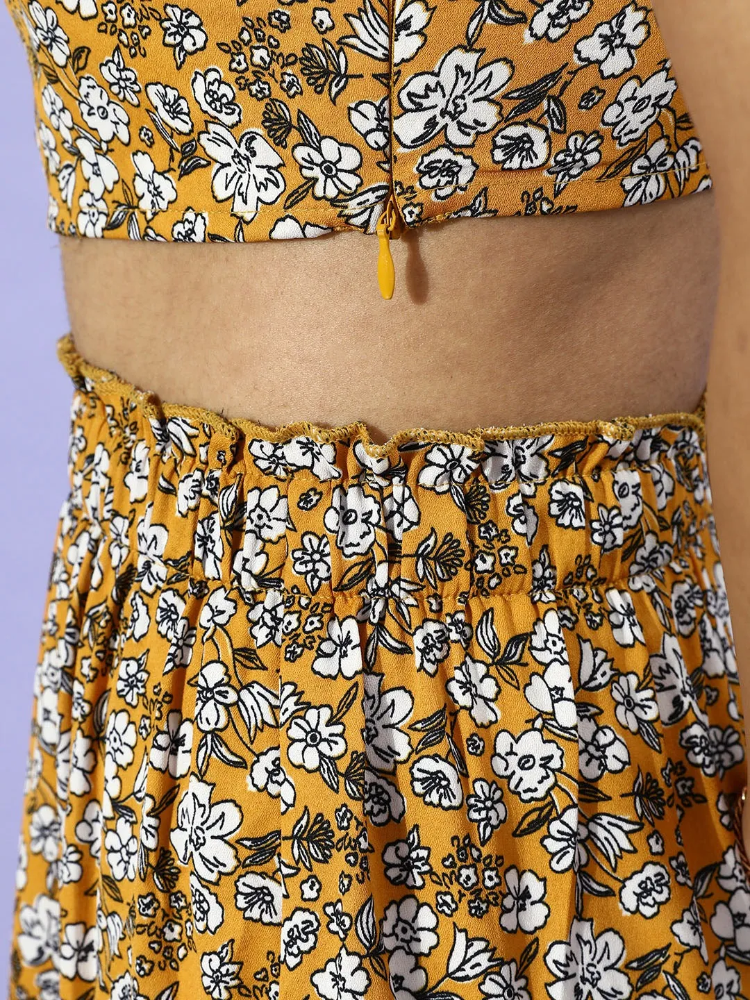 Berrylush Women Mustard Floral Printed V-Neck Co-Ordinate Mini Dress