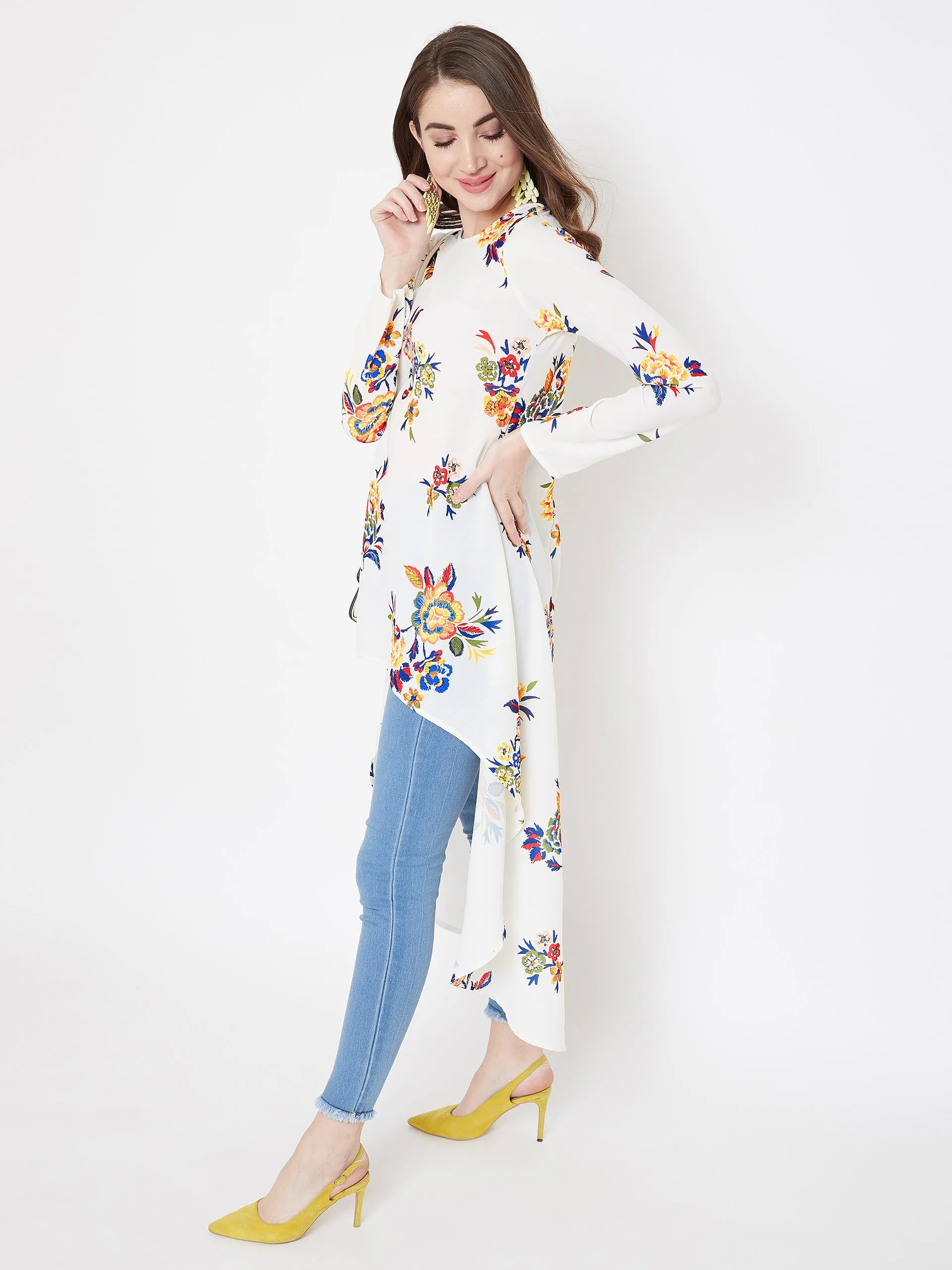 Berrylush Women Off-White Floral Printed Round-Neck Longline High-Low Top