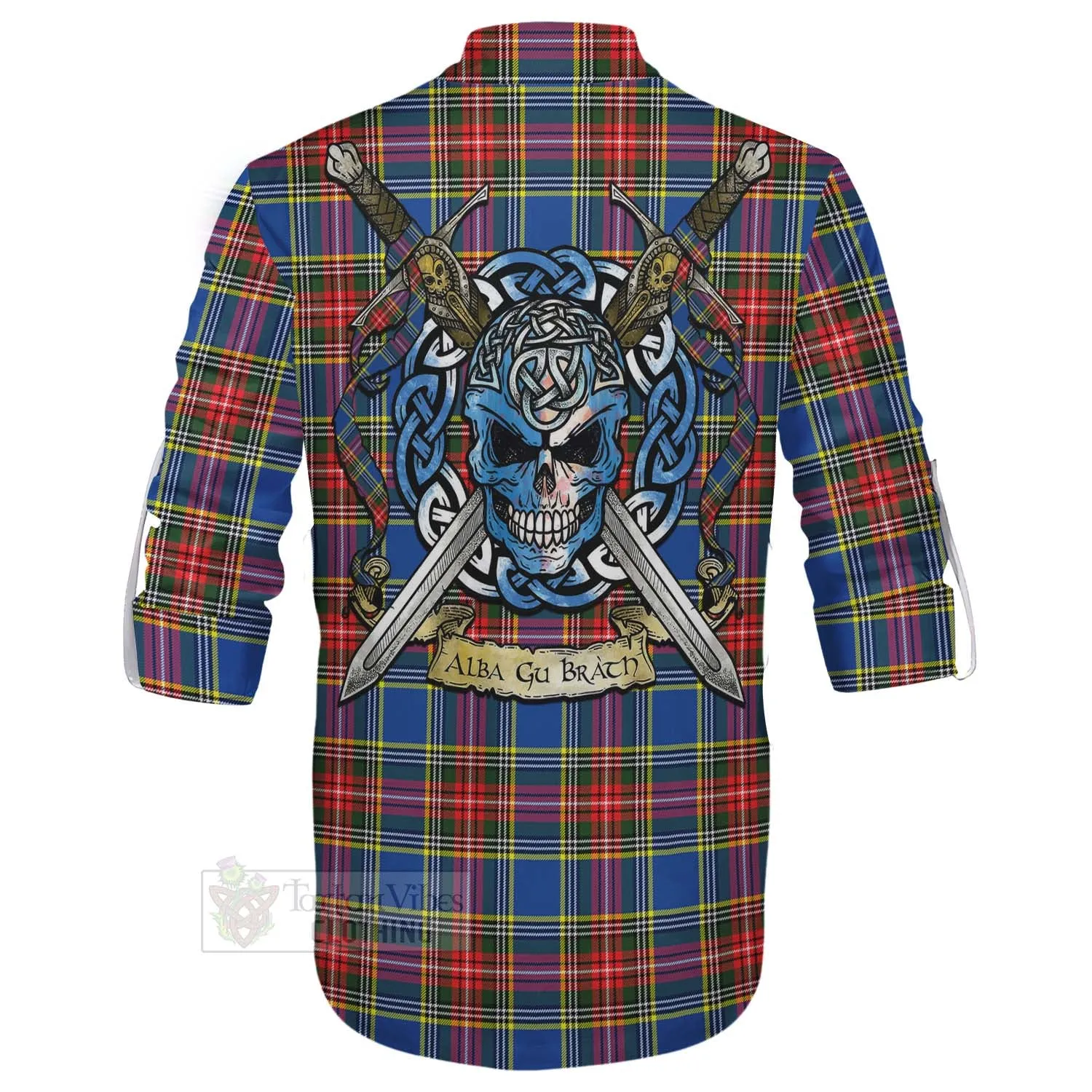 Bethune Tartan Ghillie Kilt Shirt with Family Crest Celtic Skull Style