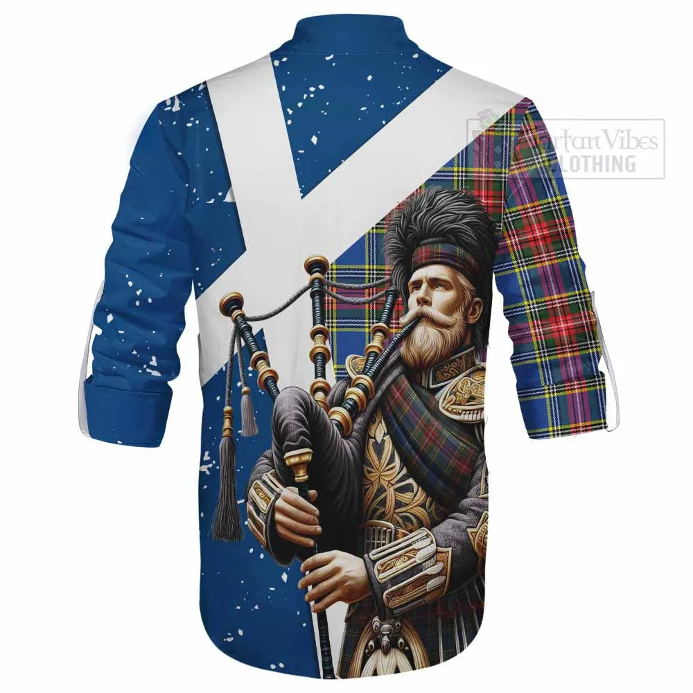 Bethune Tartan Ghillie Kilt Shirt with Family Crest Scottish Bagpiper Vibes