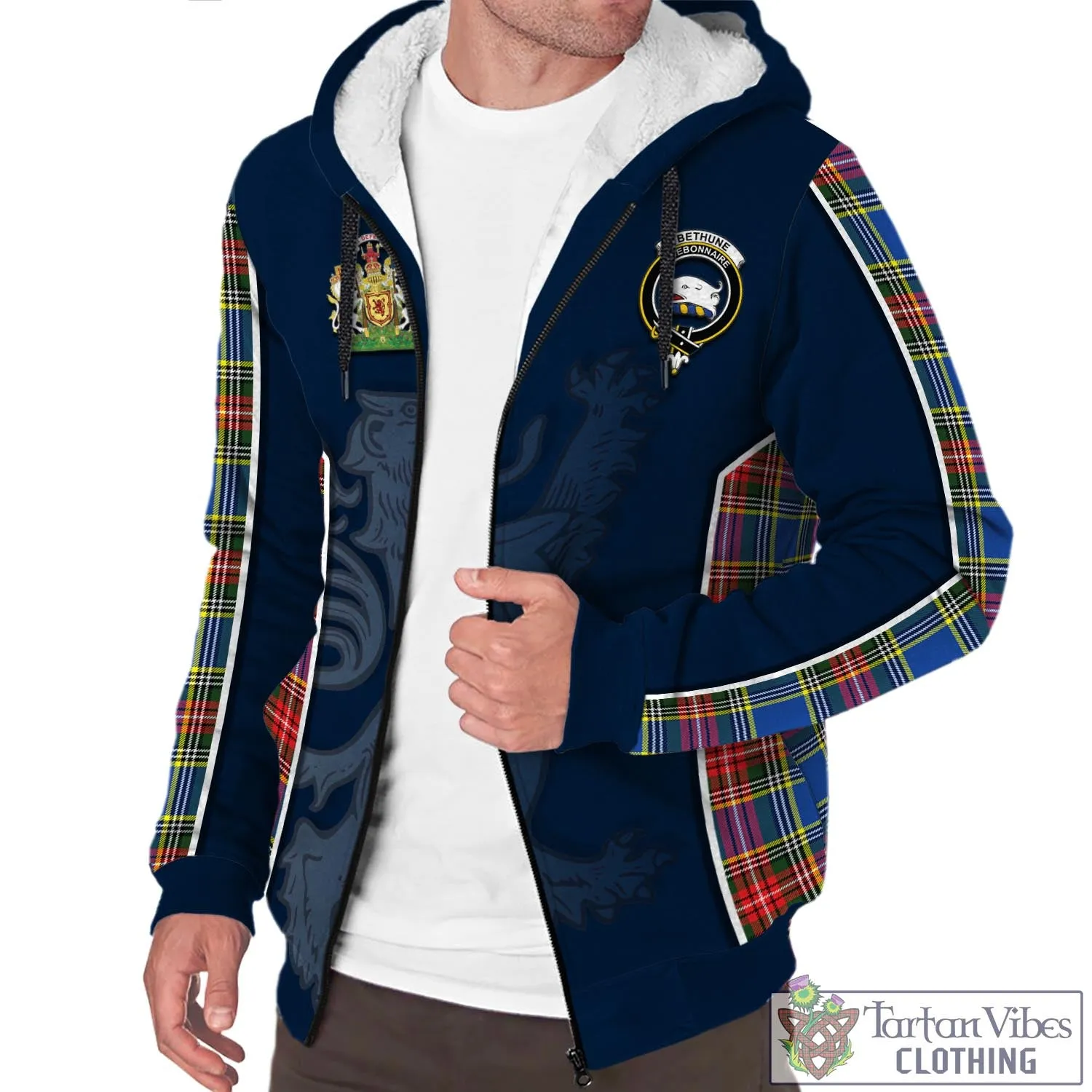 Bethune Tartan Sherpa Hoodie with Family Crest and Lion Rampant Vibes Sport Style