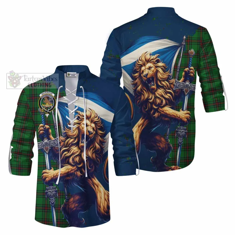 Beveridge Tartan Family Crest Ghillie Kilt Shirt with Scottish Majestic Lion