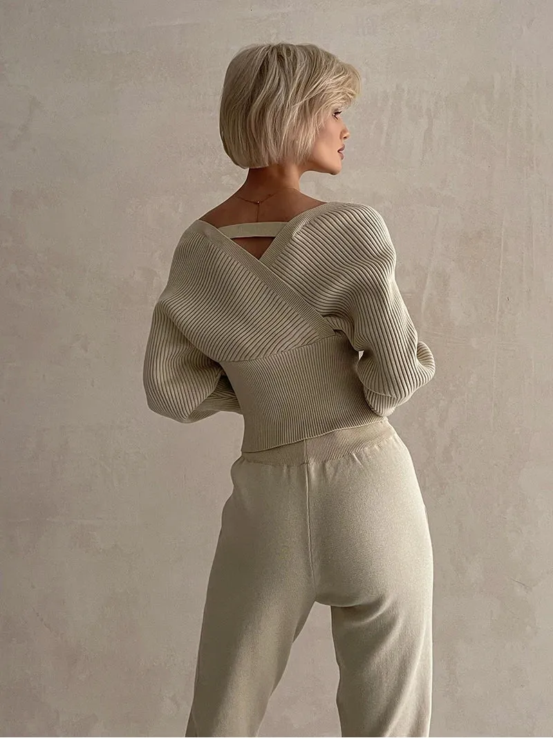 Big Knit Cowl Top   Solid Skinny Pants Outfit Matching Sets
