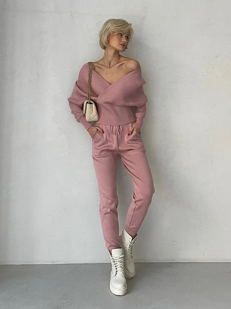 Big Knit Cowl Top   Solid Skinny Pants Outfit Matching Sets