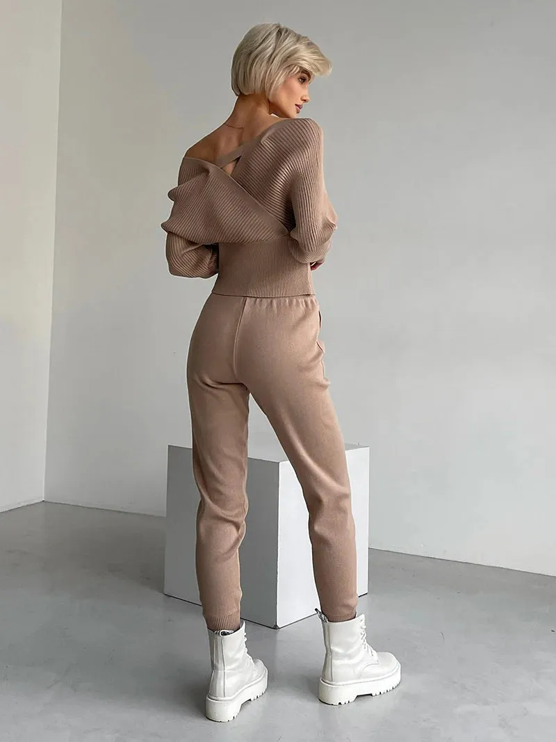 Big Knit Cowl Top   Solid Skinny Pants Outfit Matching Sets