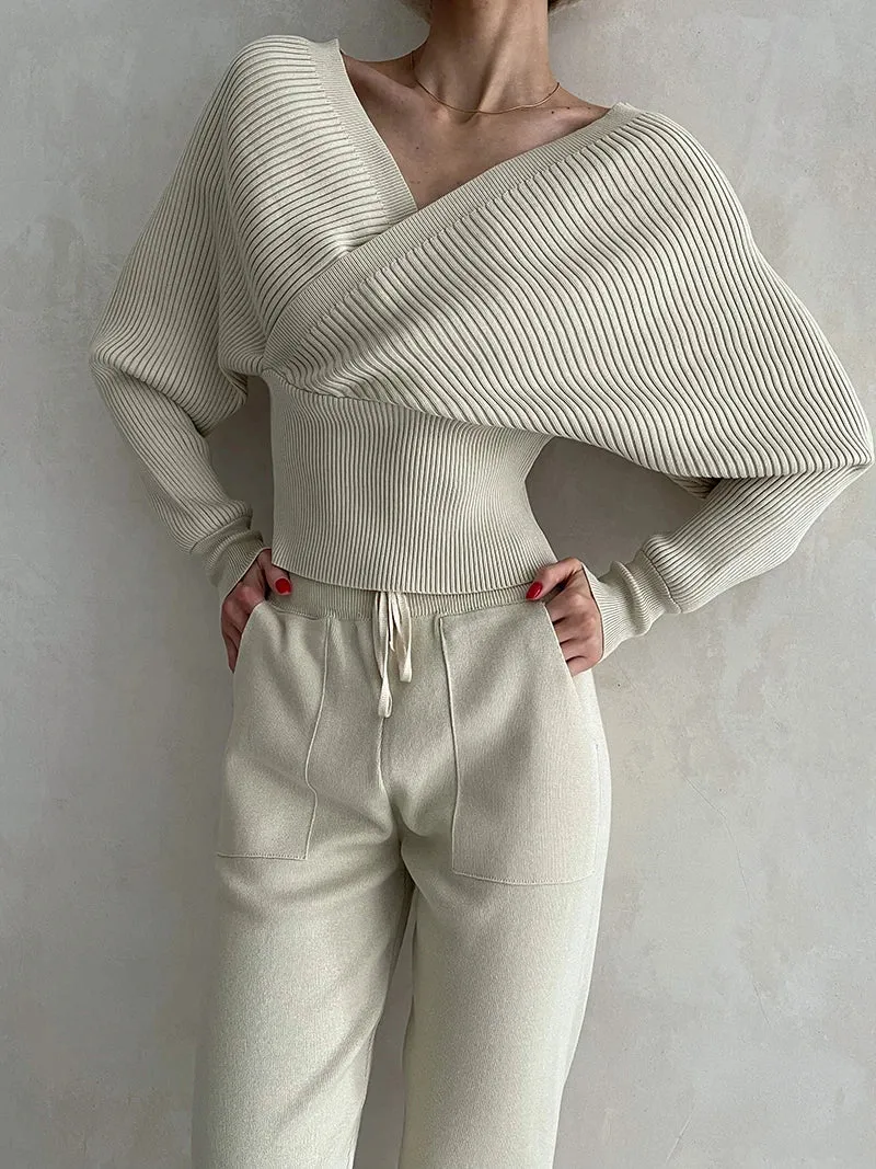 Big Knit Cowl Top   Solid Skinny Pants Outfit Matching Sets
