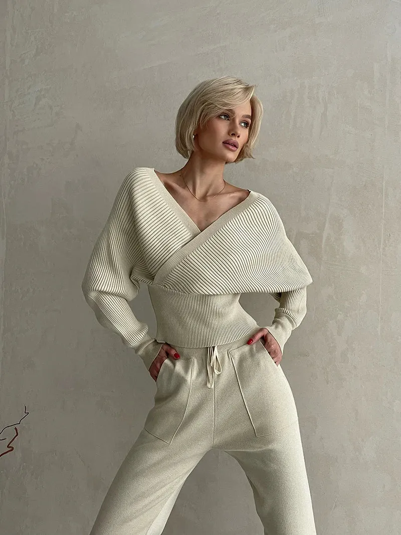 Big Knit Cowl Top   Solid Skinny Pants Outfit Matching Sets