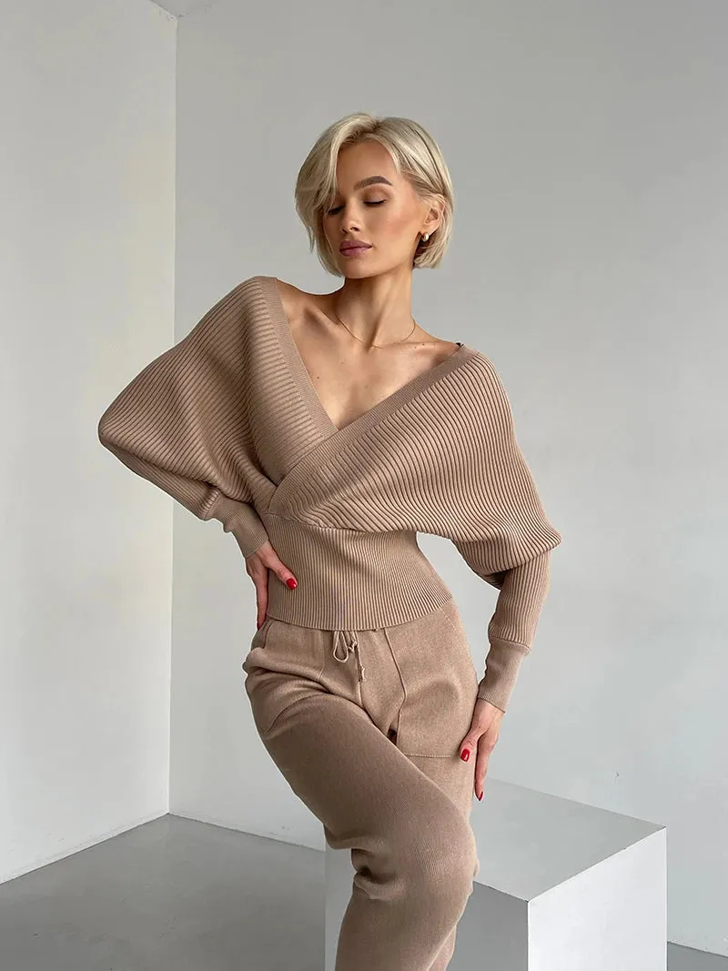 Big Knit Cowl Top   Solid Skinny Pants Outfit Matching Sets