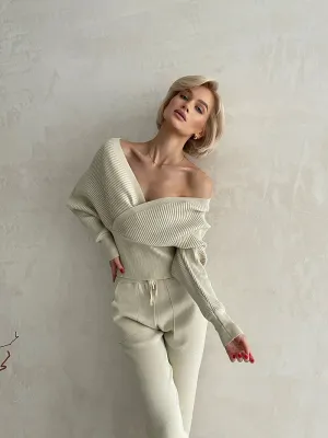 Big Knit Cowl Top   Solid Skinny Pants Outfit Matching Sets