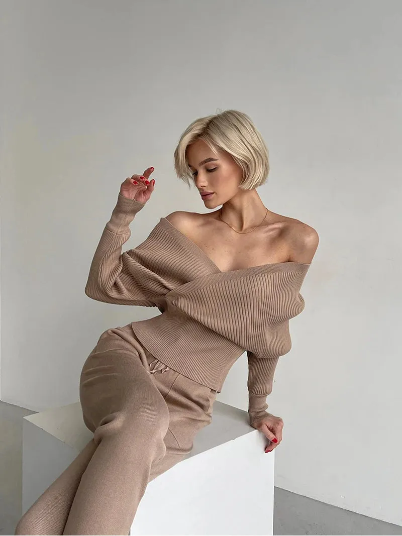 Big Knit Cowl Top   Solid Skinny Pants Outfit Matching Sets