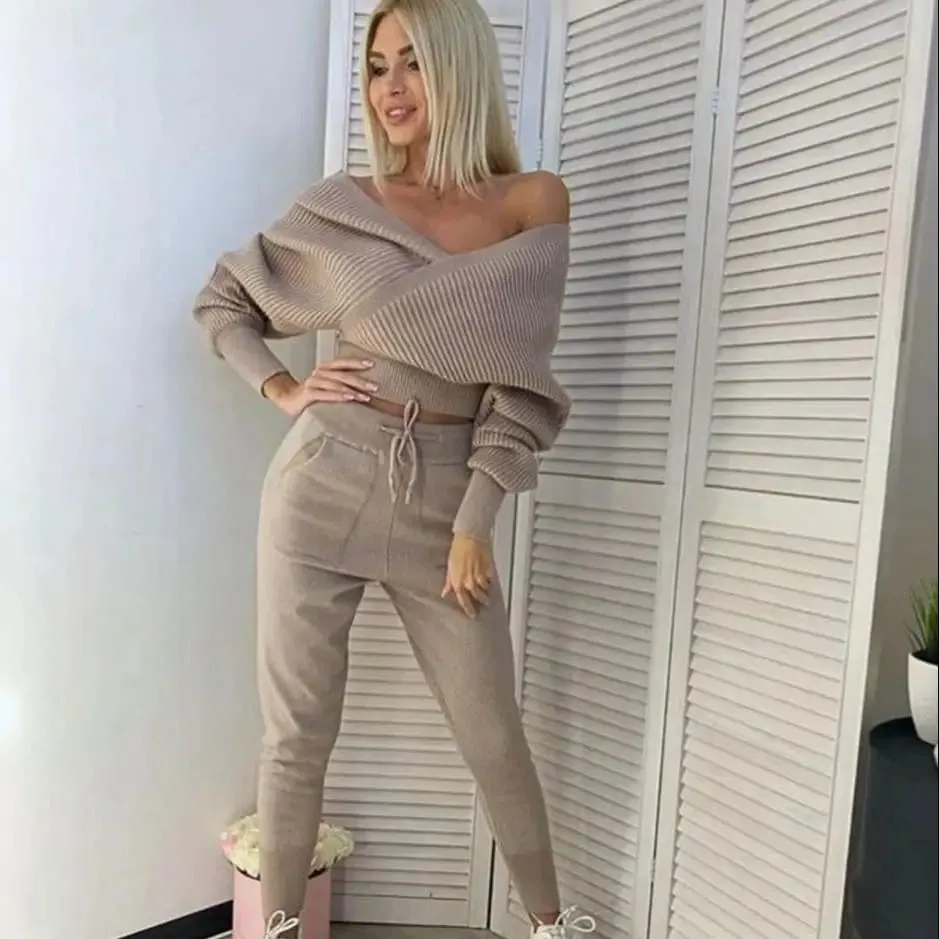 Big Knit Cowl Top   Solid Skinny Pants Outfit Matching Sets