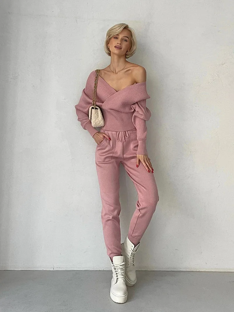 Big Knit Cowl Top   Solid Skinny Pants Outfit Matching Sets