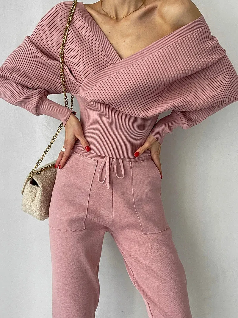 Big Knit Cowl Top   Solid Skinny Pants Outfit Matching Sets