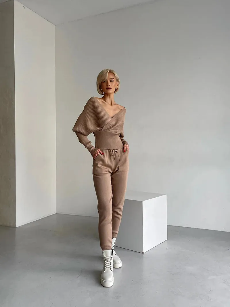 Big Knit Cowl Top   Solid Skinny Pants Outfit Matching Sets