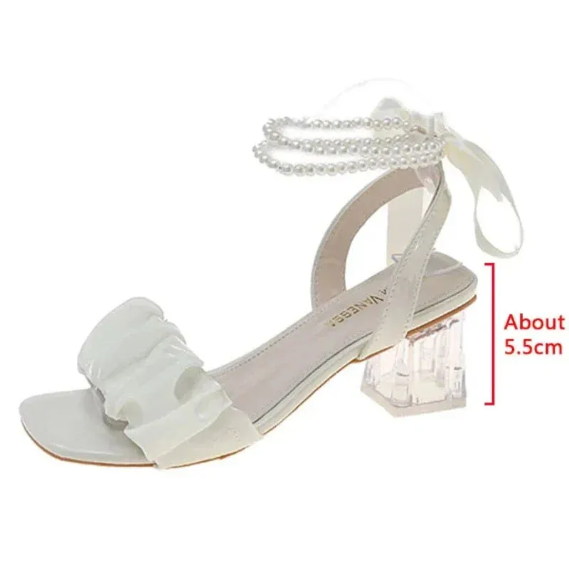 binfenxie Comfort Shoes for Women Block Heels Pearl Sandals Med Suit Female Beige All-Match Chunky 2024 Girls Medium Clear Black Gladiator