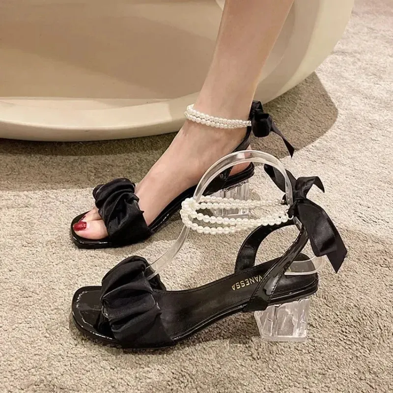 binfenxie Comfort Shoes for Women Block Heels Pearl Sandals Med Suit Female Beige All-Match Chunky 2024 Girls Medium Clear Black Gladiator