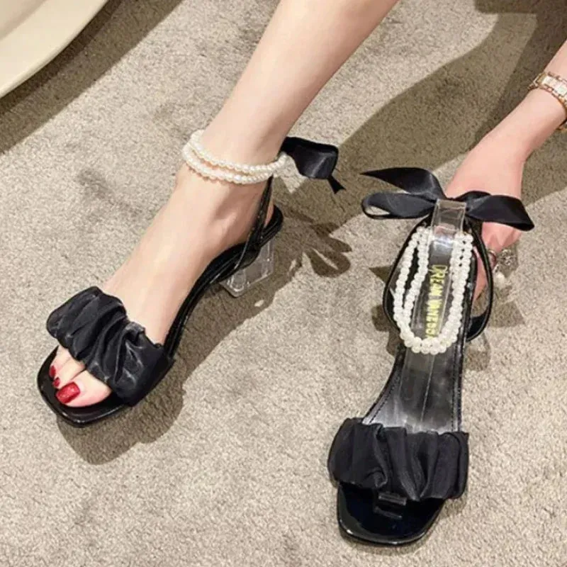 binfenxie Comfort Shoes for Women Block Heels Pearl Sandals Med Suit Female Beige All-Match Chunky 2024 Girls Medium Clear Black Gladiator