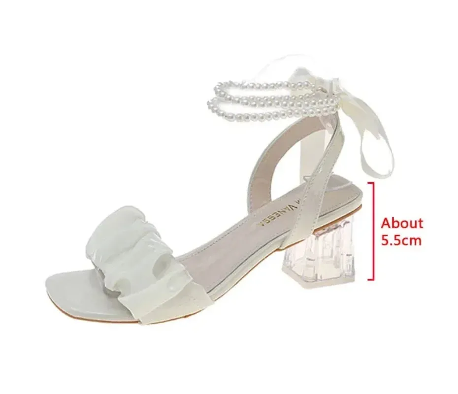binfenxie Comfort Shoes for Women Block Heels Pearl Sandals Med Suit Female Beige All-Match Chunky 2024 Girls Medium Clear Black Gladiator