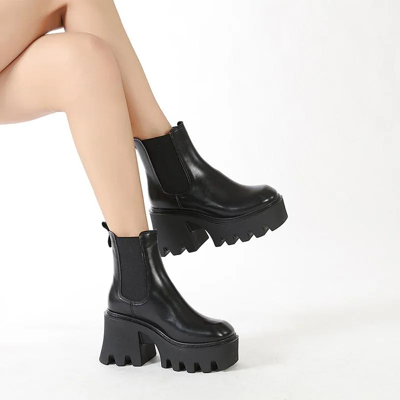 Black chunky platform high cut chelsea boots for women