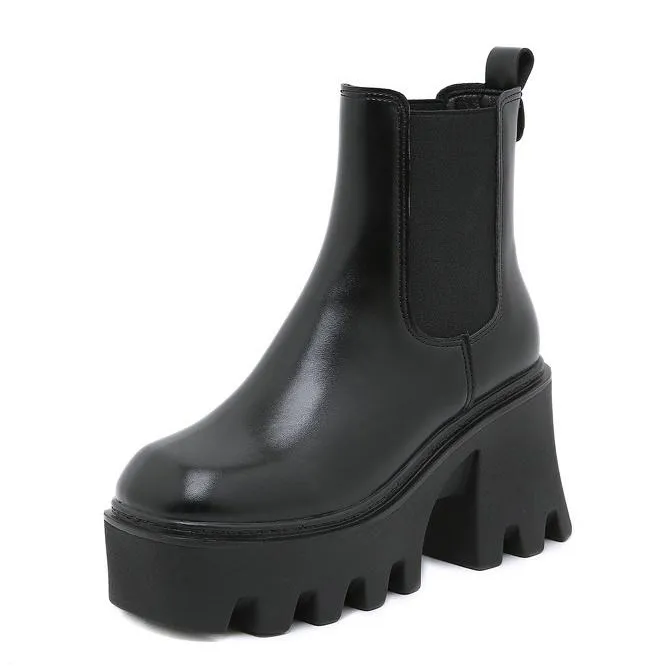 Black chunky platform high cut chelsea boots for women