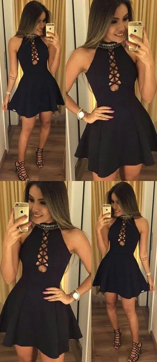 Black Halter A-line Homecoming Dress, Short homecoming Dress, Simple Party Dress cg391