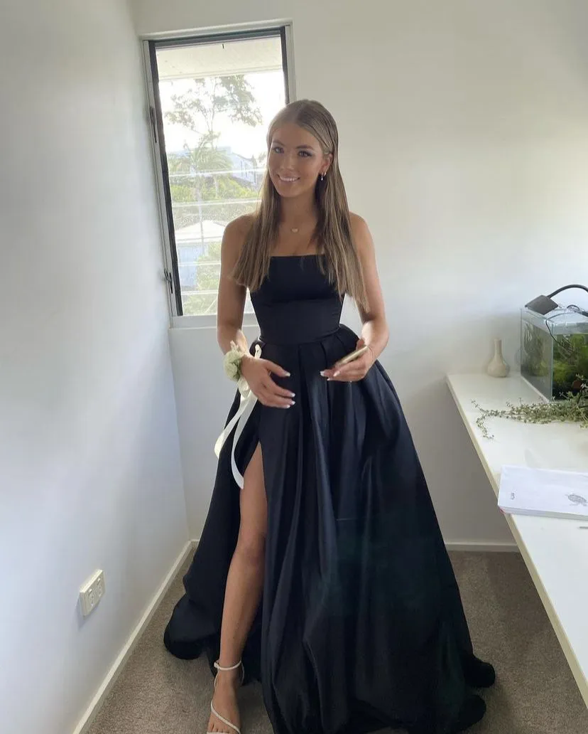 Black Leg Slit Prom Dress,Women A-line Elegant Party Dresses Y4448